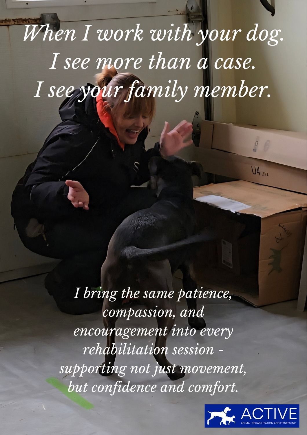 Woman kneels with two dogs by the ocean. Sunny day, blue water, rocky shoreline.
