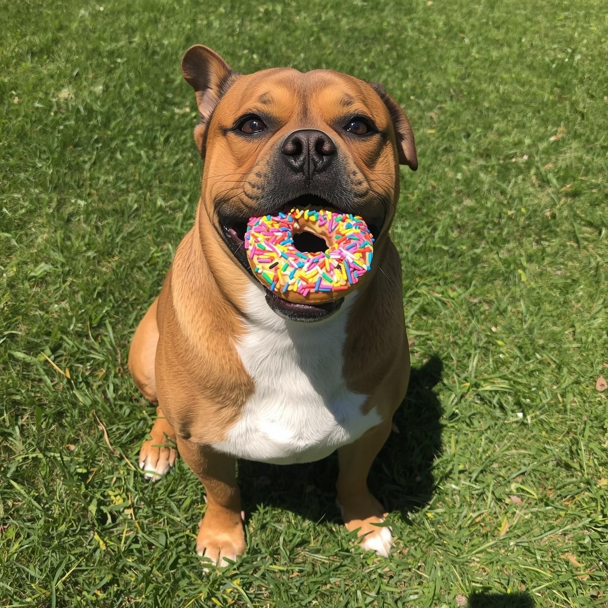 Brown dog sitting on green grass, holding a colorful donut in its mouth.