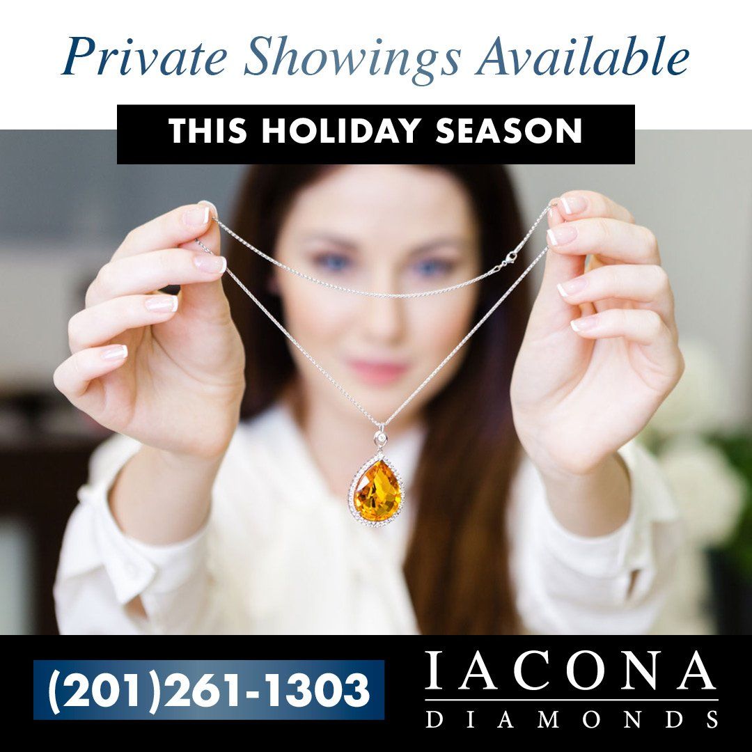 A woman is holding a necklace that says private showings available this holiday season