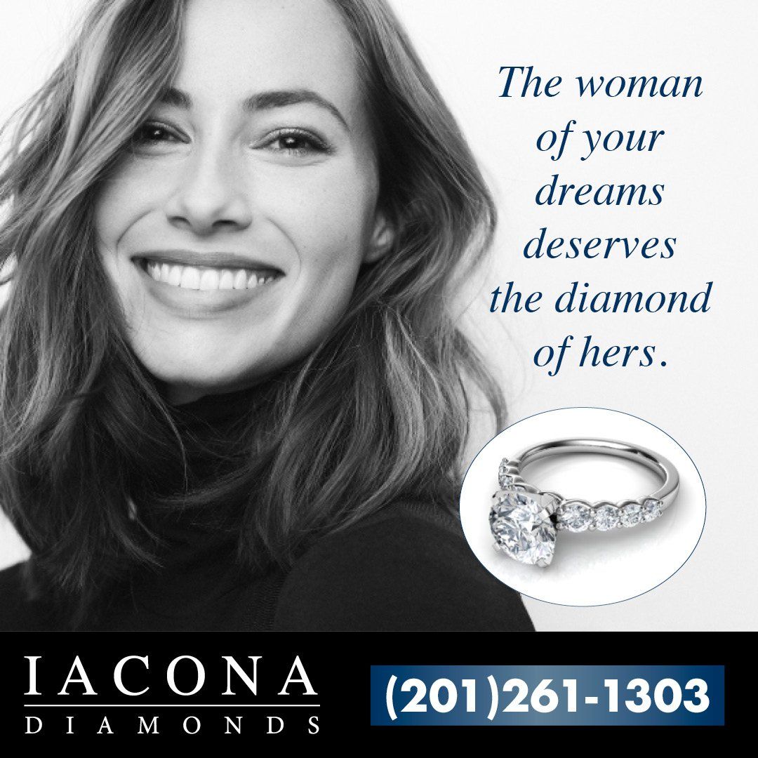 An advertisement for iacona diamonds features a smiling woman