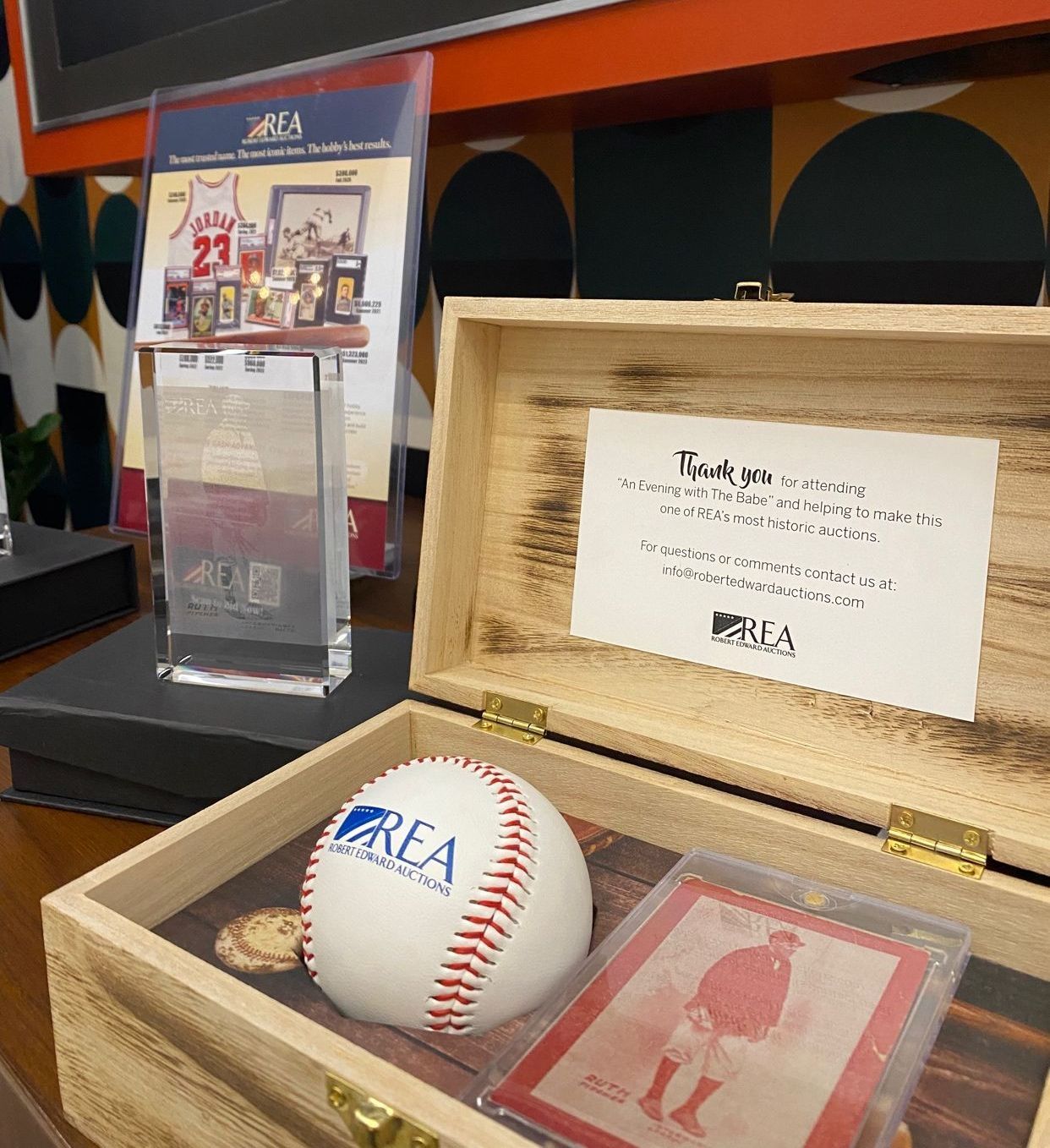 A baseball in a box that says area on it