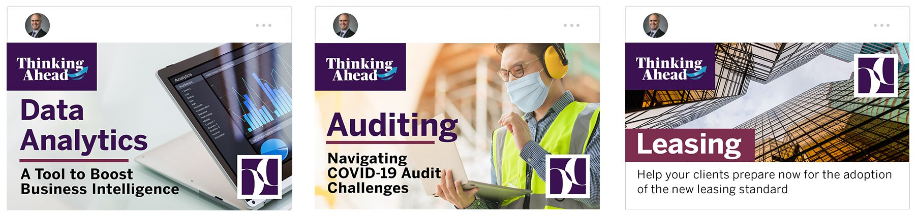 Three advertisements for data analytics auditing and leasing