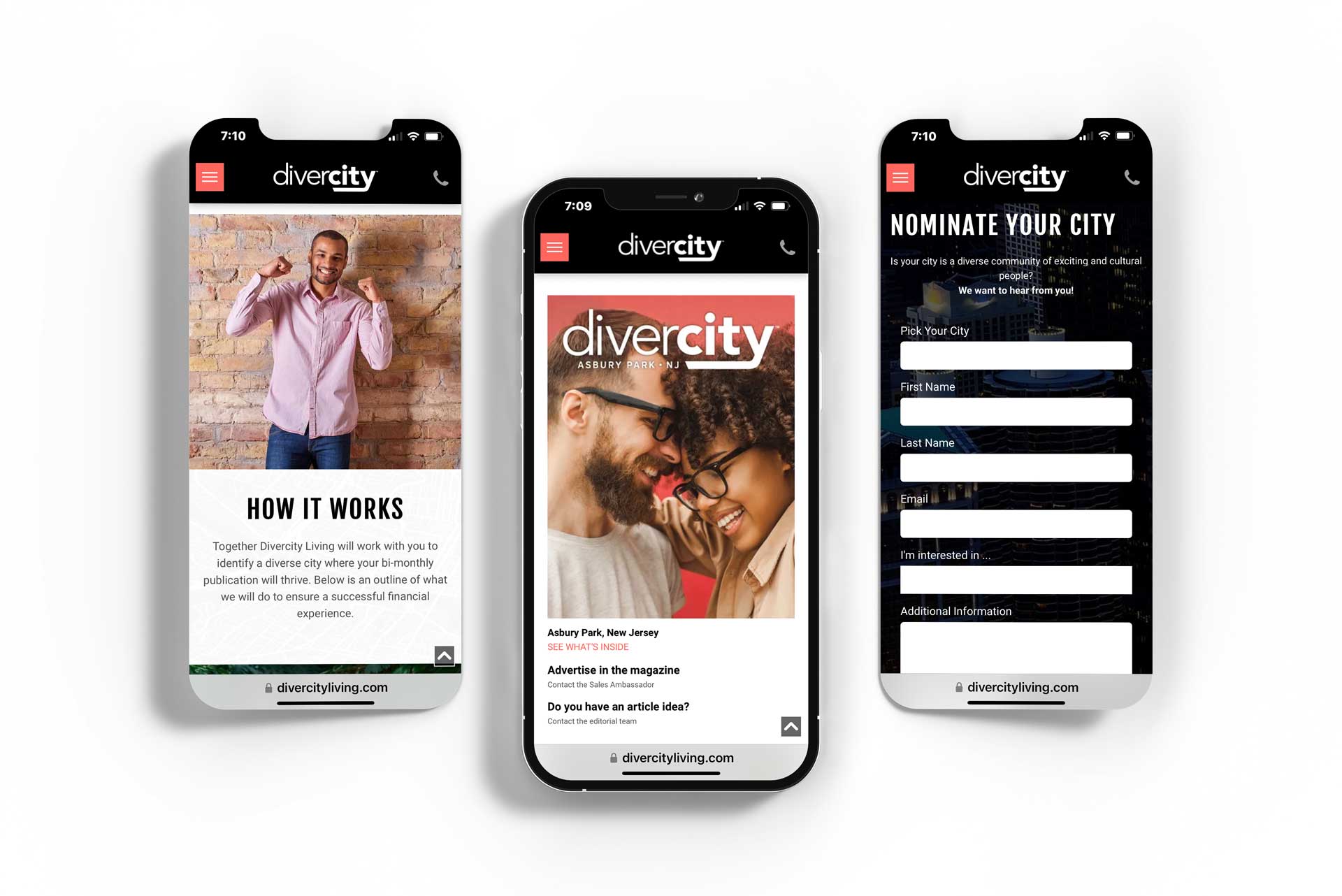 Three phones are sitting next to each other on a white surface with divercity brand on it
