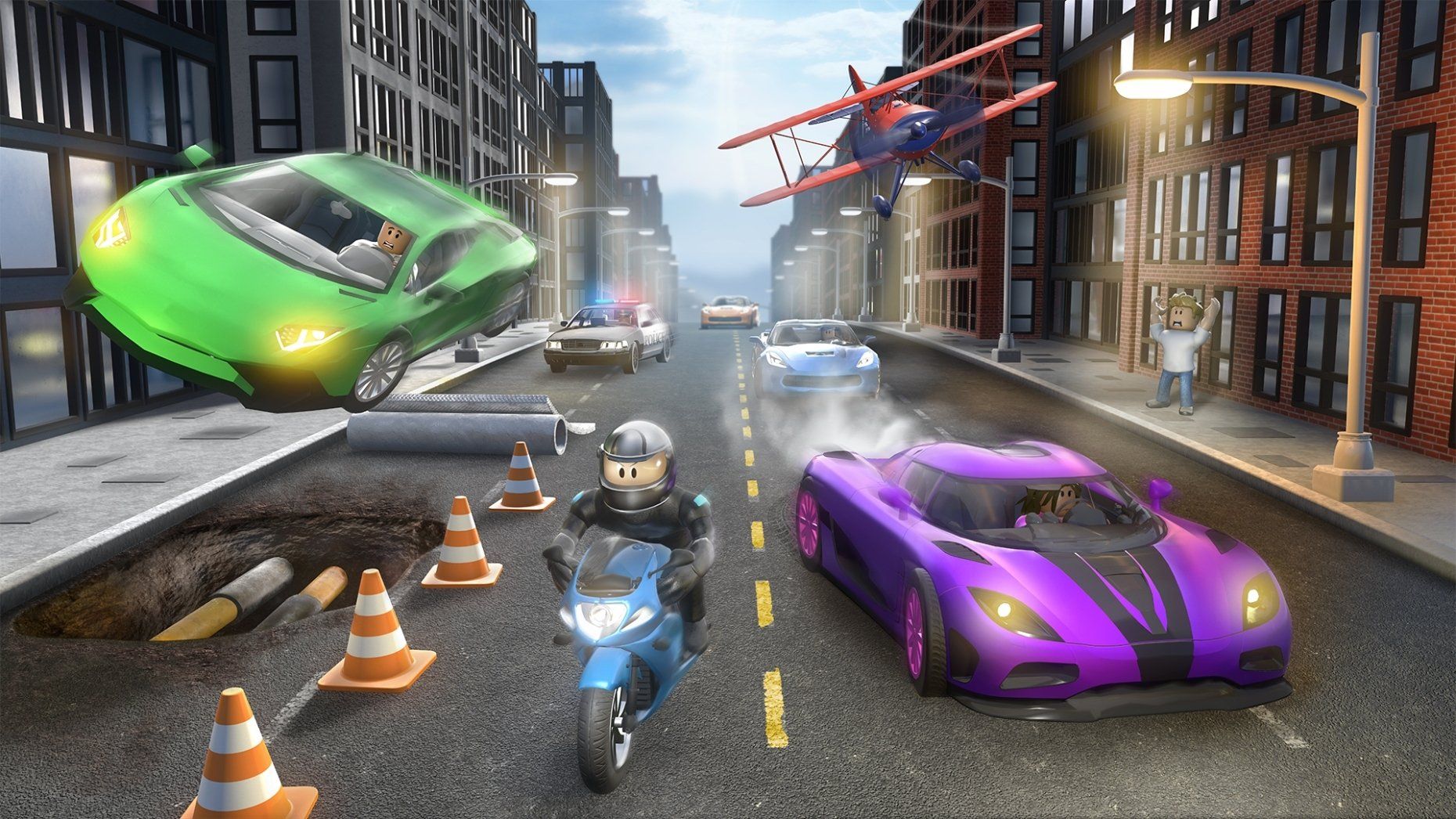 A green car and a purple car are driving down a city street in the metaverse