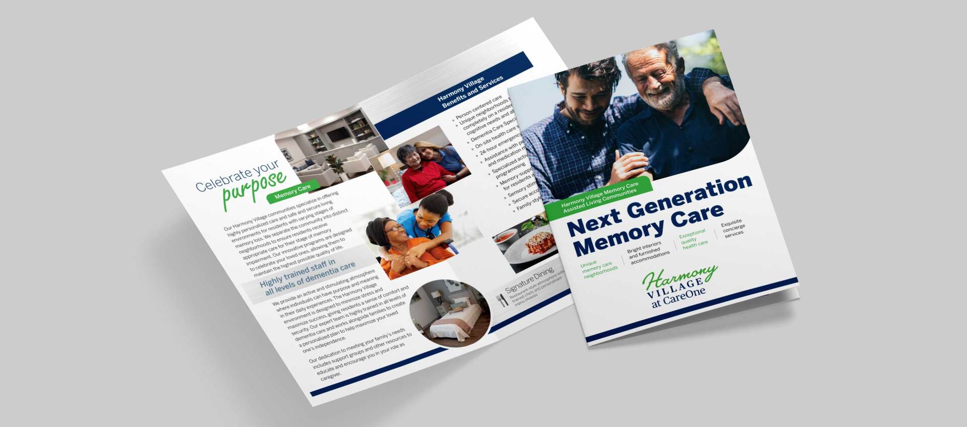 A brochure for next generation memory care is sitting on a table.