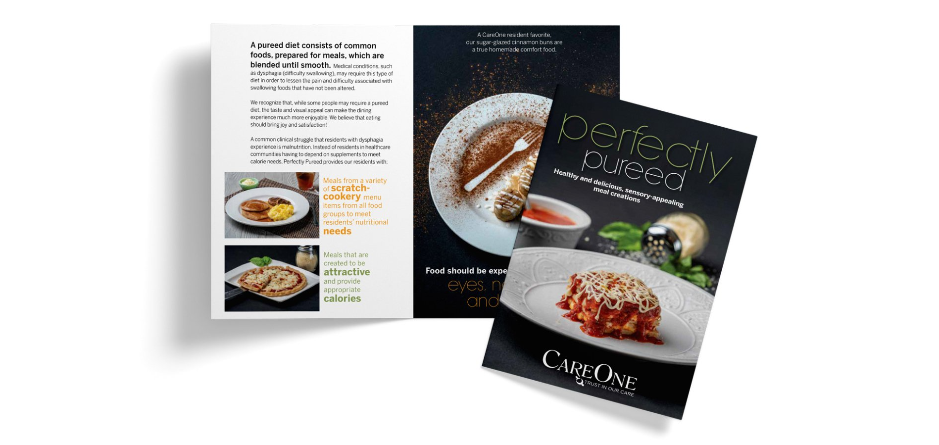 A brochure with a picture of a plate of food on it.