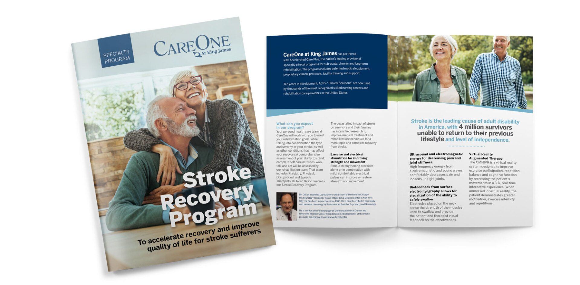 A brochure for a stroke recovery program shows a man and woman hugging each other.