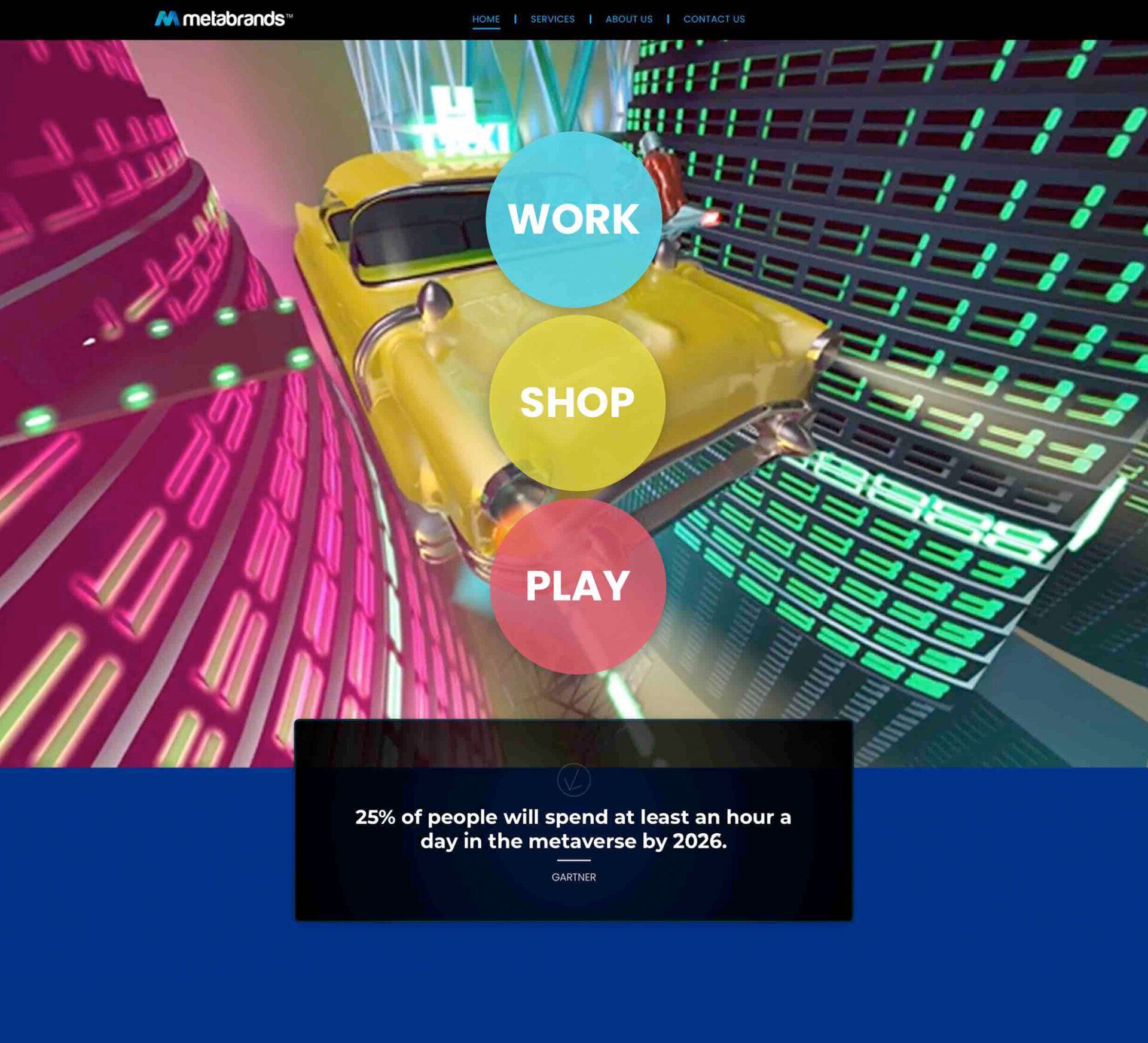 A yellow car is driving through a metaverse city with buttons for work shop and play