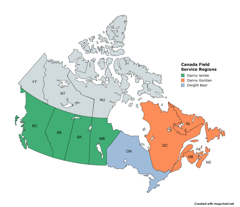 Map of Canada with provinces color-coded by service region