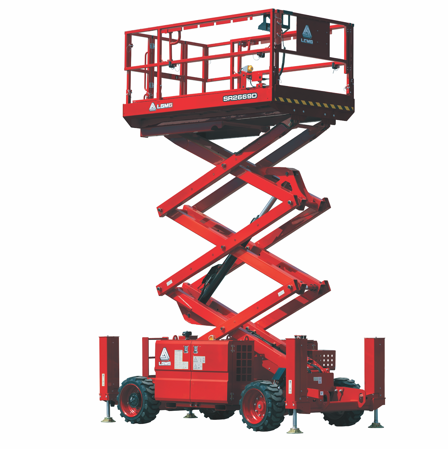Red scissor lift, elevated, with platform and wheels.
