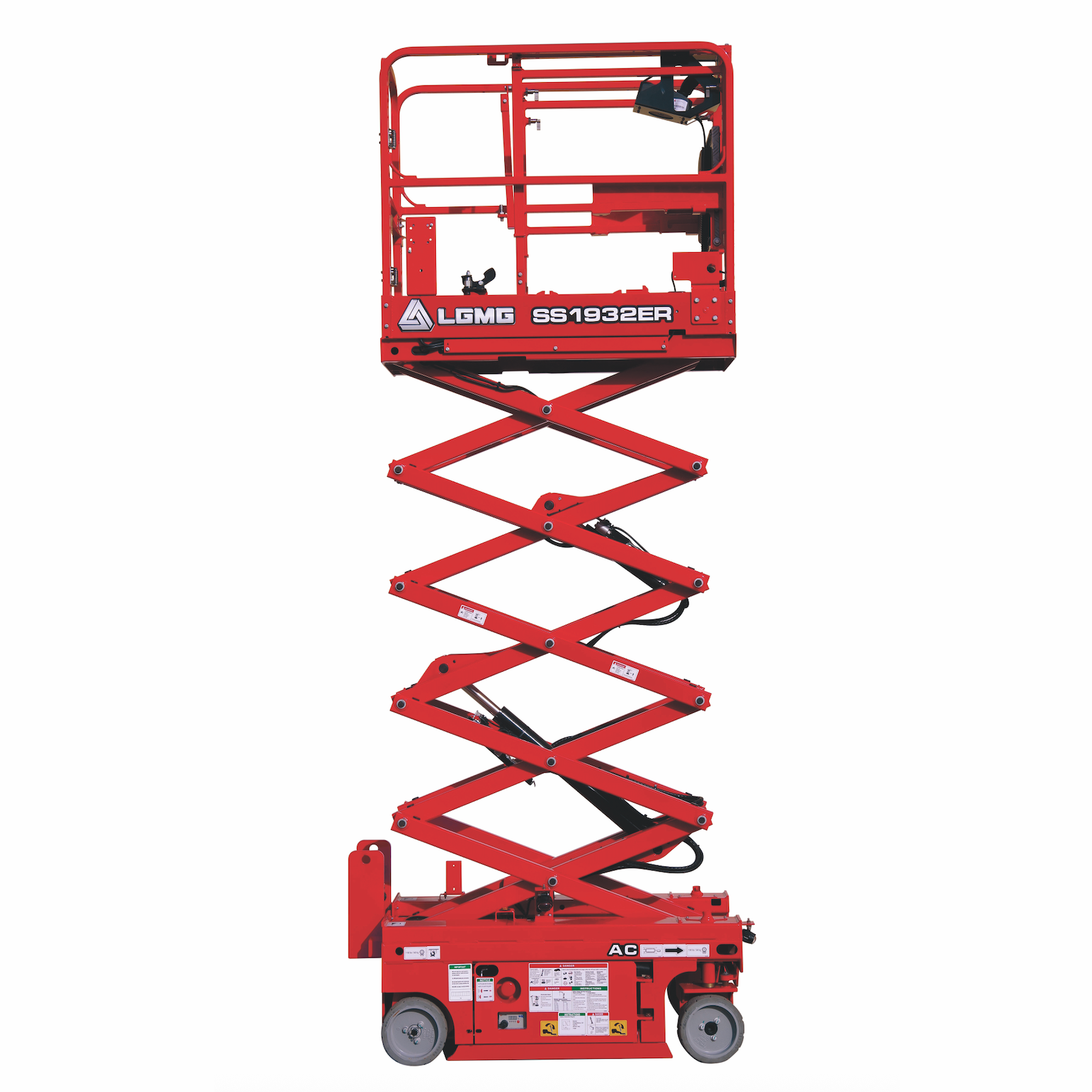 Red scissor lift, extended, with a platform and safety rails, on a white background.