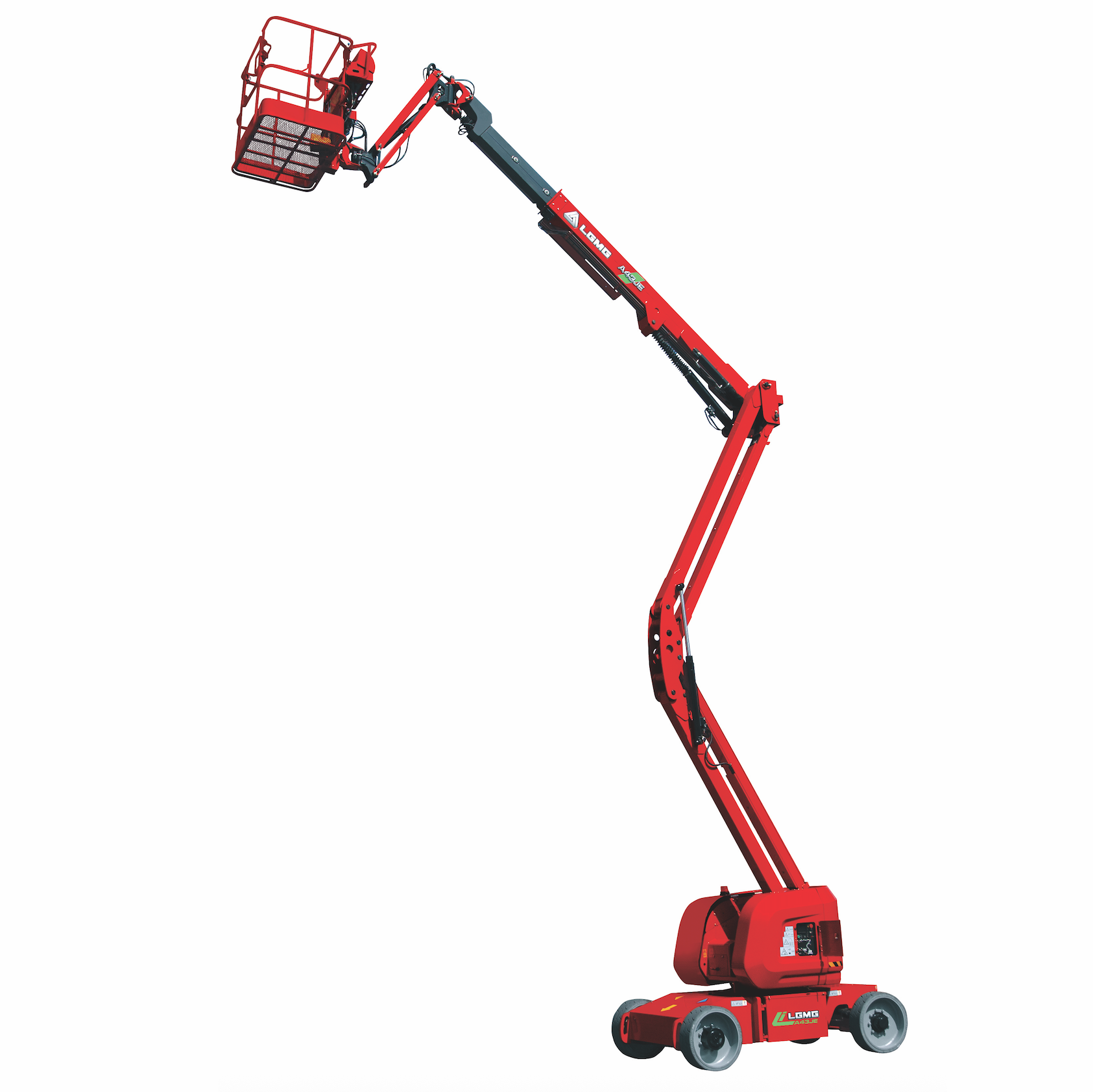 Red articulated boom lift extended upwards.