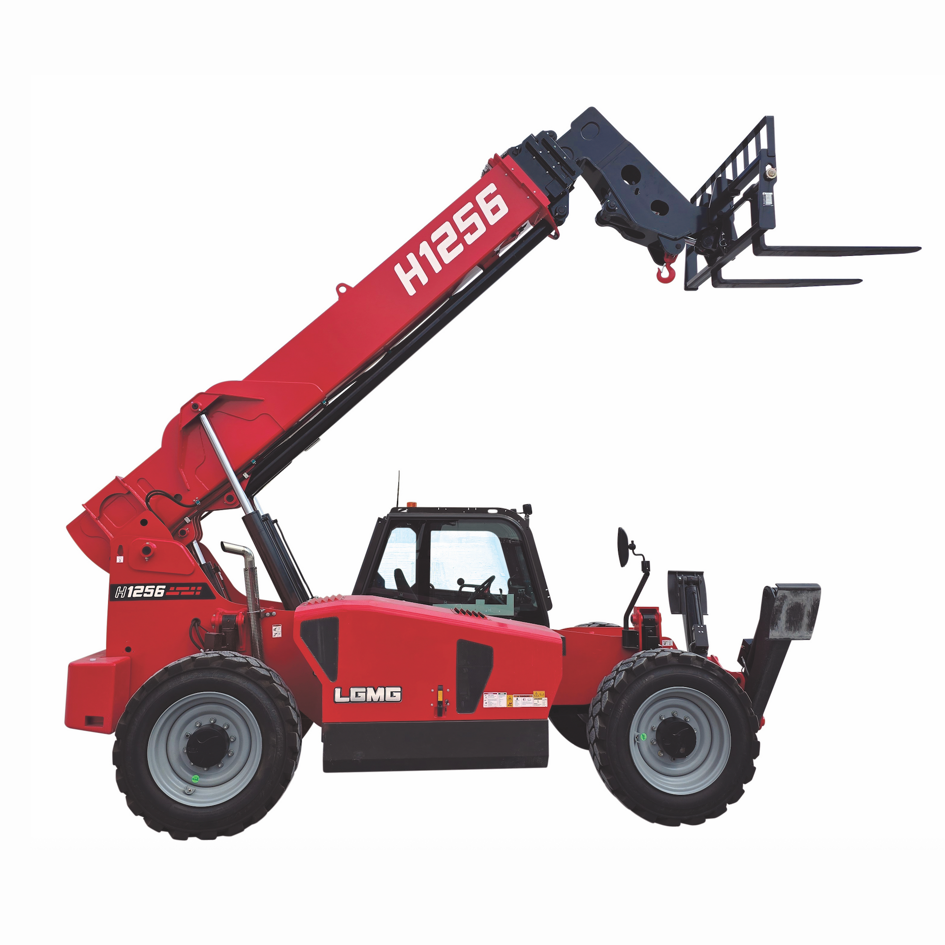 Red LGMG H1256 telehandler with extended boom, forks elevated, against a white background.