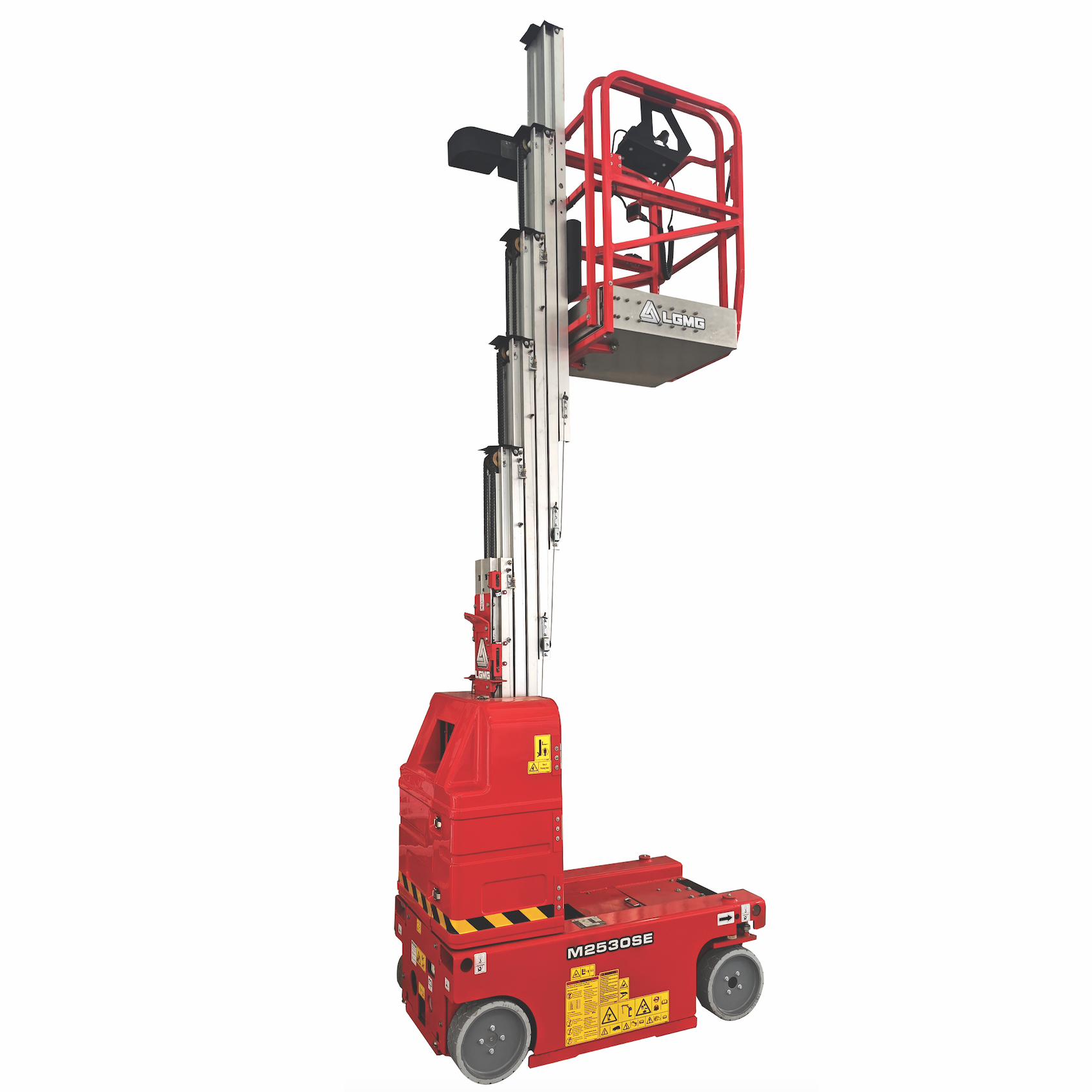 Red and silver aerial work platform with raised basket.