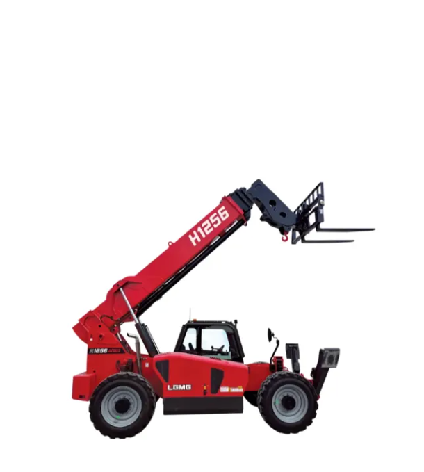 Red LGMG H1256 telehandler with extended boom, forks elevated, against a white background.