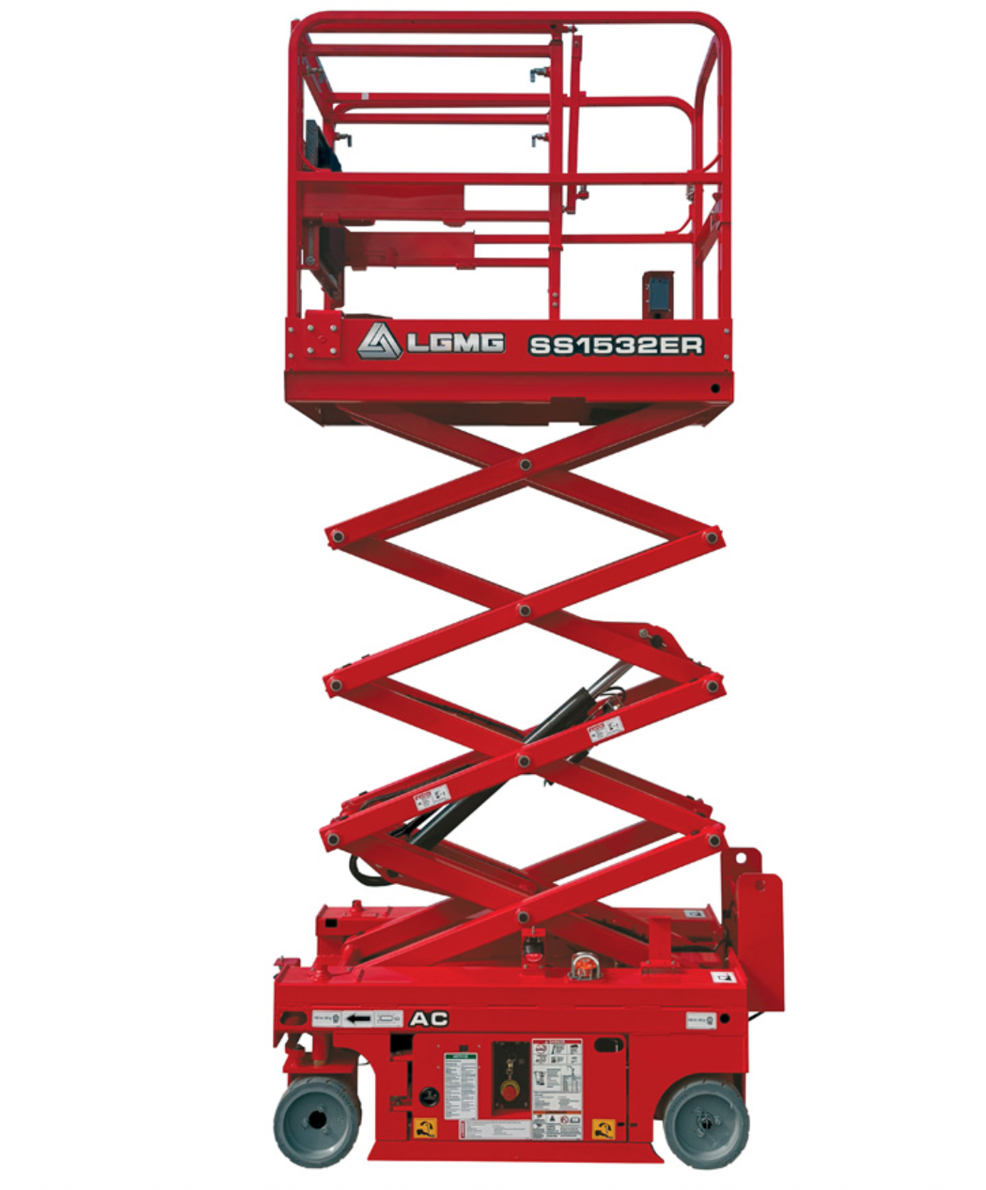 Construction equipment display booth with red machinery, LCMG sign, and people.