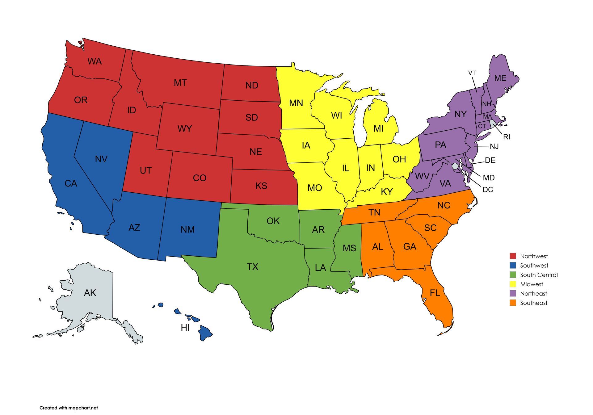 Map of the United States divided into color-coded regions, presumably for a weather service, with state abbreviations.