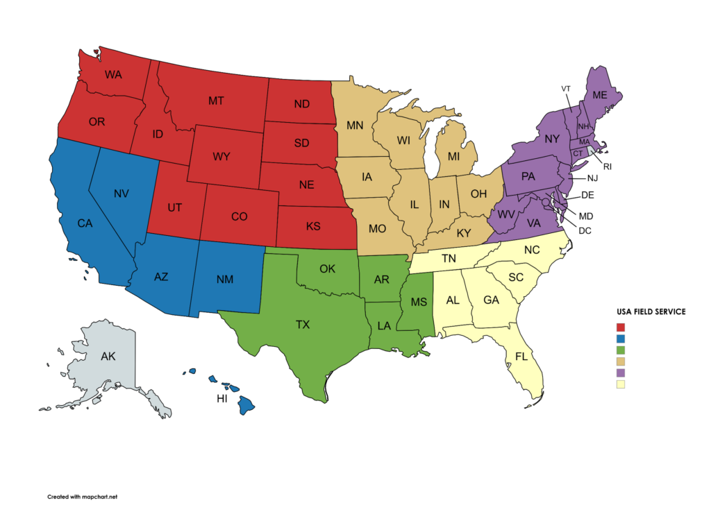 Map of the United States divided into color-coded regions, presumably for a weather service, with state abbreviations.