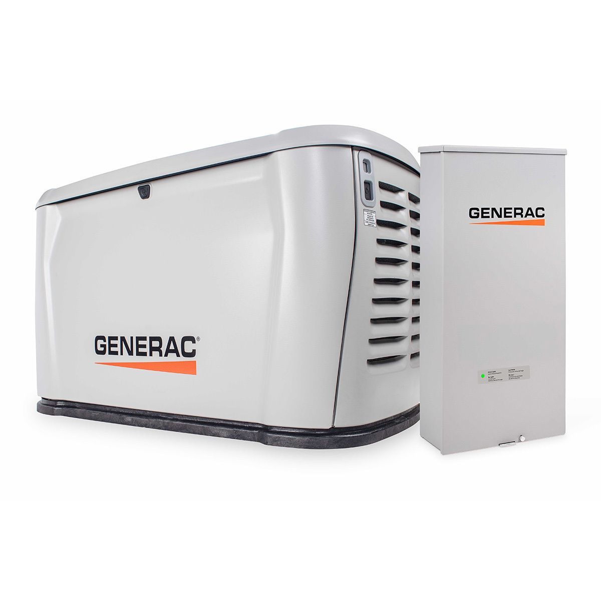 A beige Generac standby home generator with cooling vents on its side, viewed from a slightly high angle on a white background.