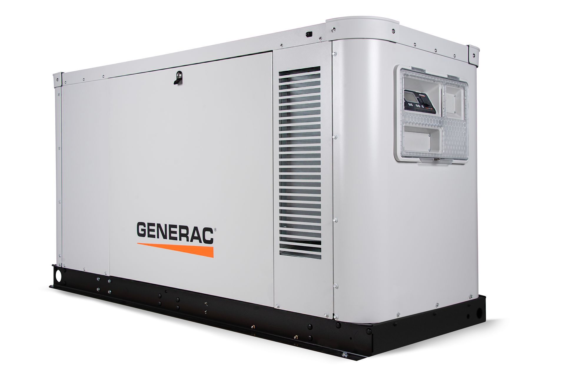 A Generac home standby generator, enclosed in a beige metal cabinet with side vents and a digital display panel.