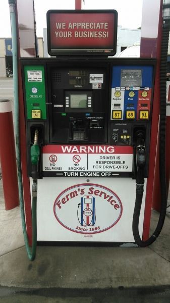 A gas pump at a Ferm's Service Gas Station