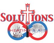 Solutions Heating & Air logo with red-blue cross and infinity symbol, plus fire and snowflake icons
