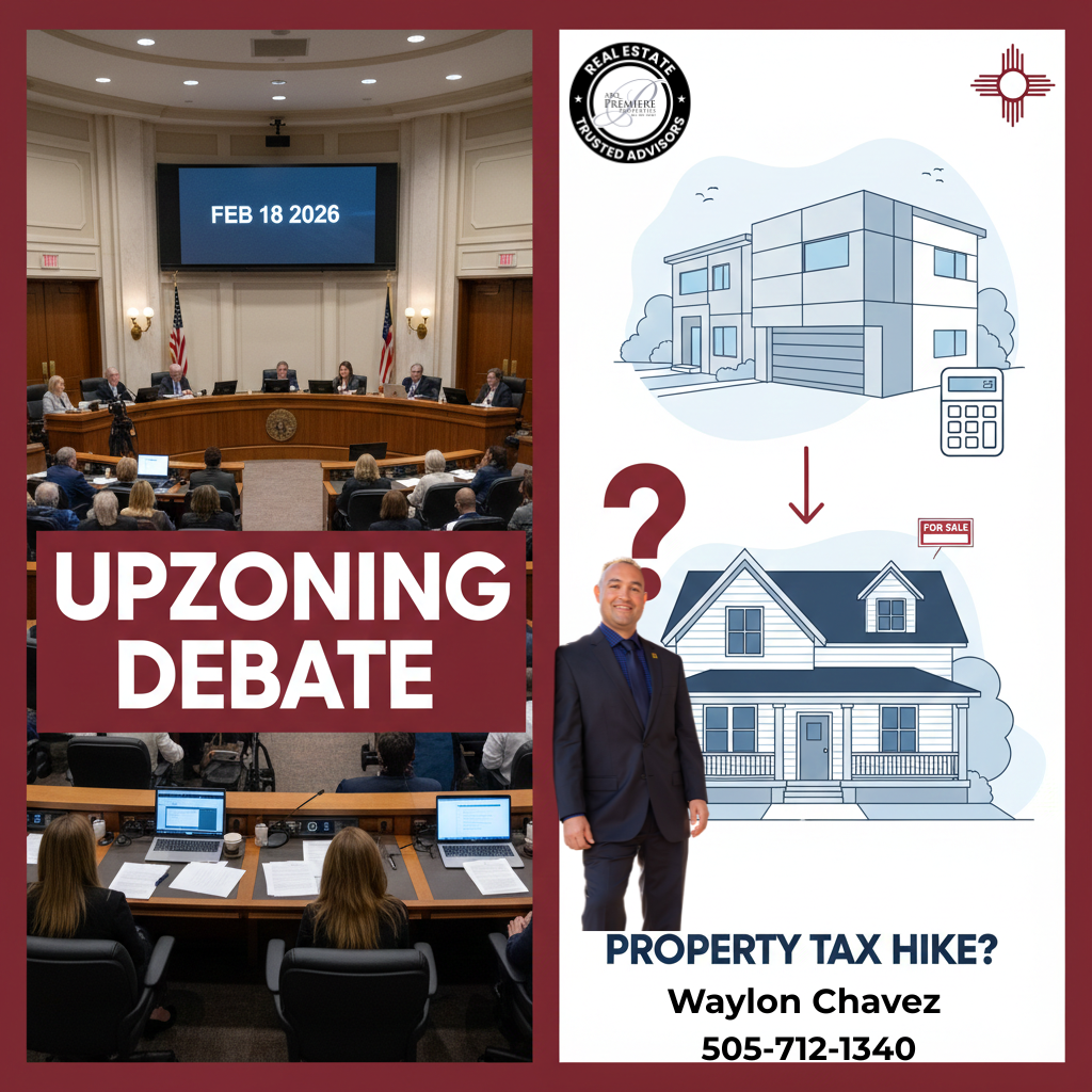 Infographic of Albuquerque City Council chamber and residential zoning comparison for February 1