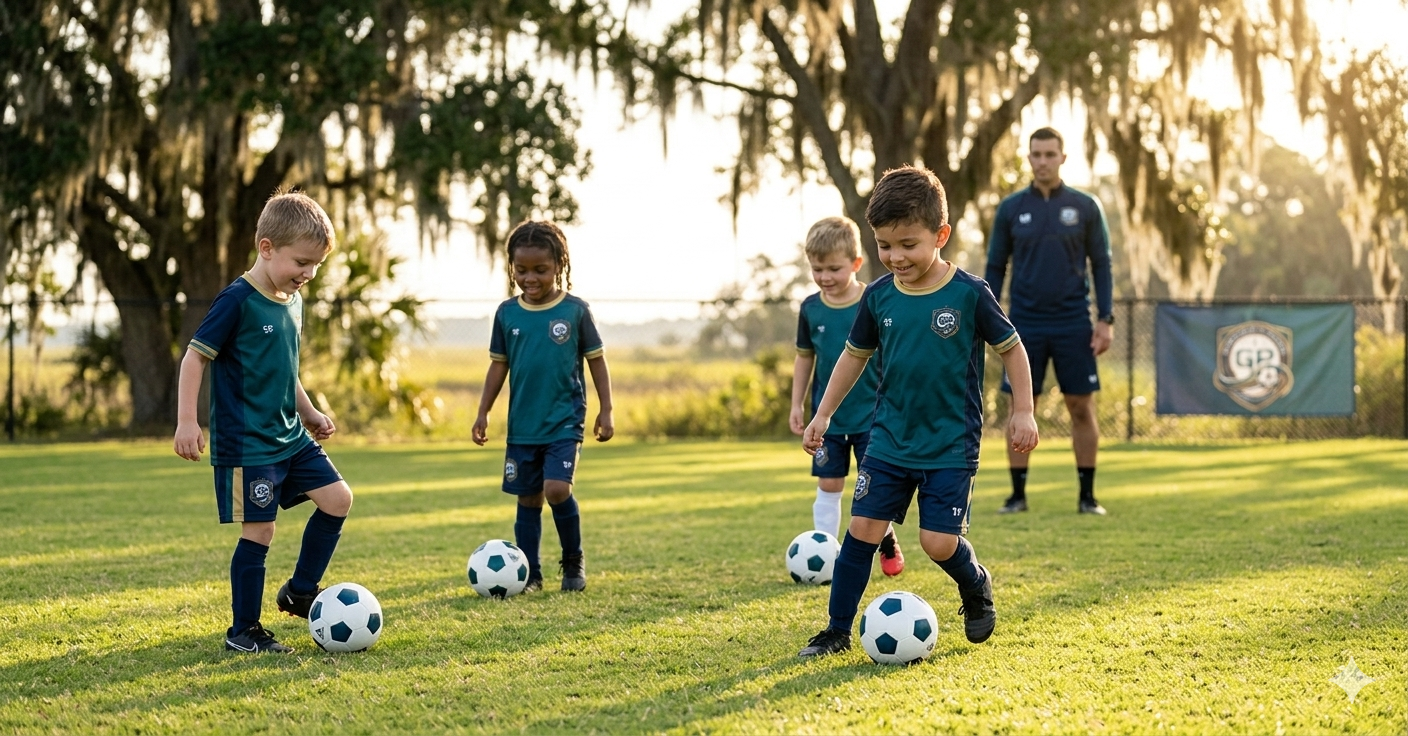 Four children in matching soccer uniforms practicing drills on a sunny field with a coach watching in the background.