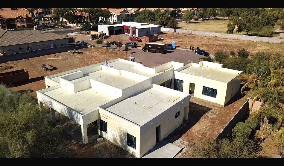An aerial view of a house that is being built.