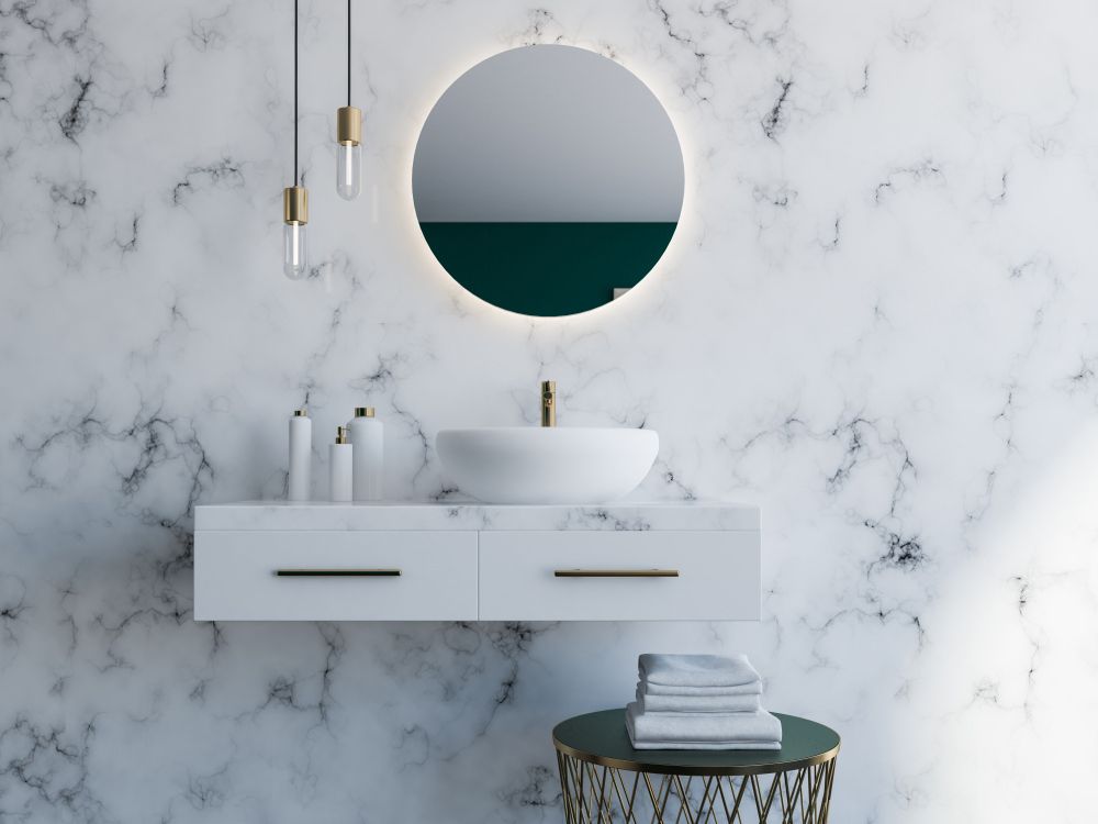 A Bathroom with A Sink and A Mirror on The Wall — Distinctive Glass In Port Macquarie, NSW