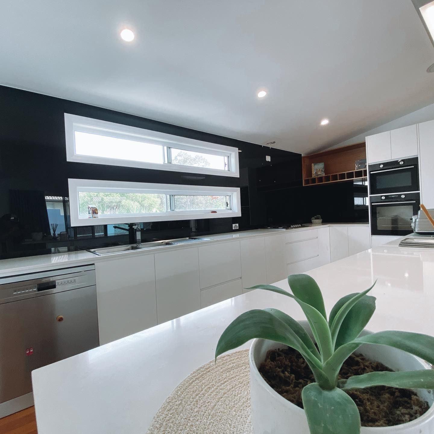 A Potted Plant Is Sitting on A Counter in A Kitchen — Distinctive Glass In Nambucca Heads, NSW