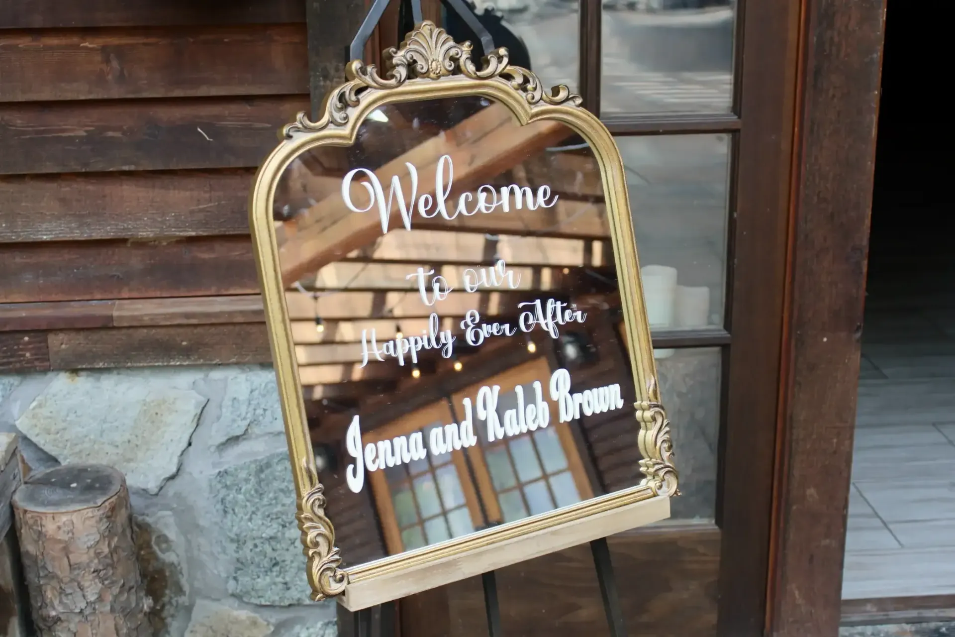 A mirror with the words welcome written on it