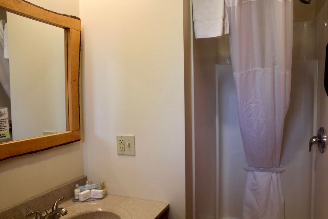 A bathroom with a sink a mirror and a shower