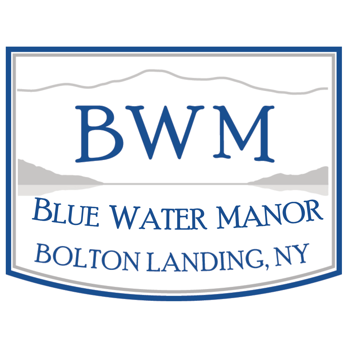 The logo for blue water manor bolton landing ny