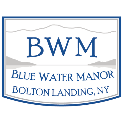 The logo for blue water manor bolton landing ny