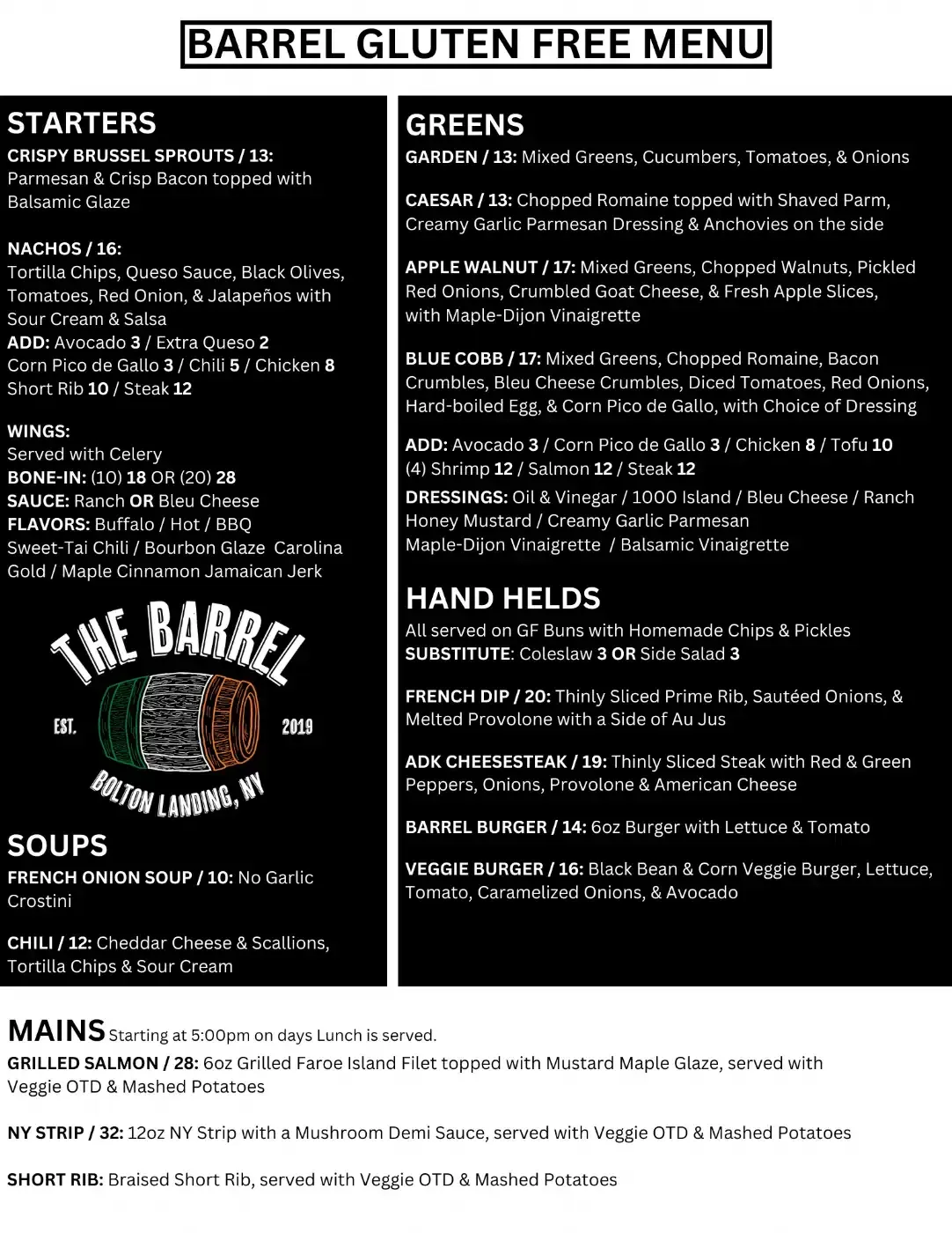 Barrel March Menu
