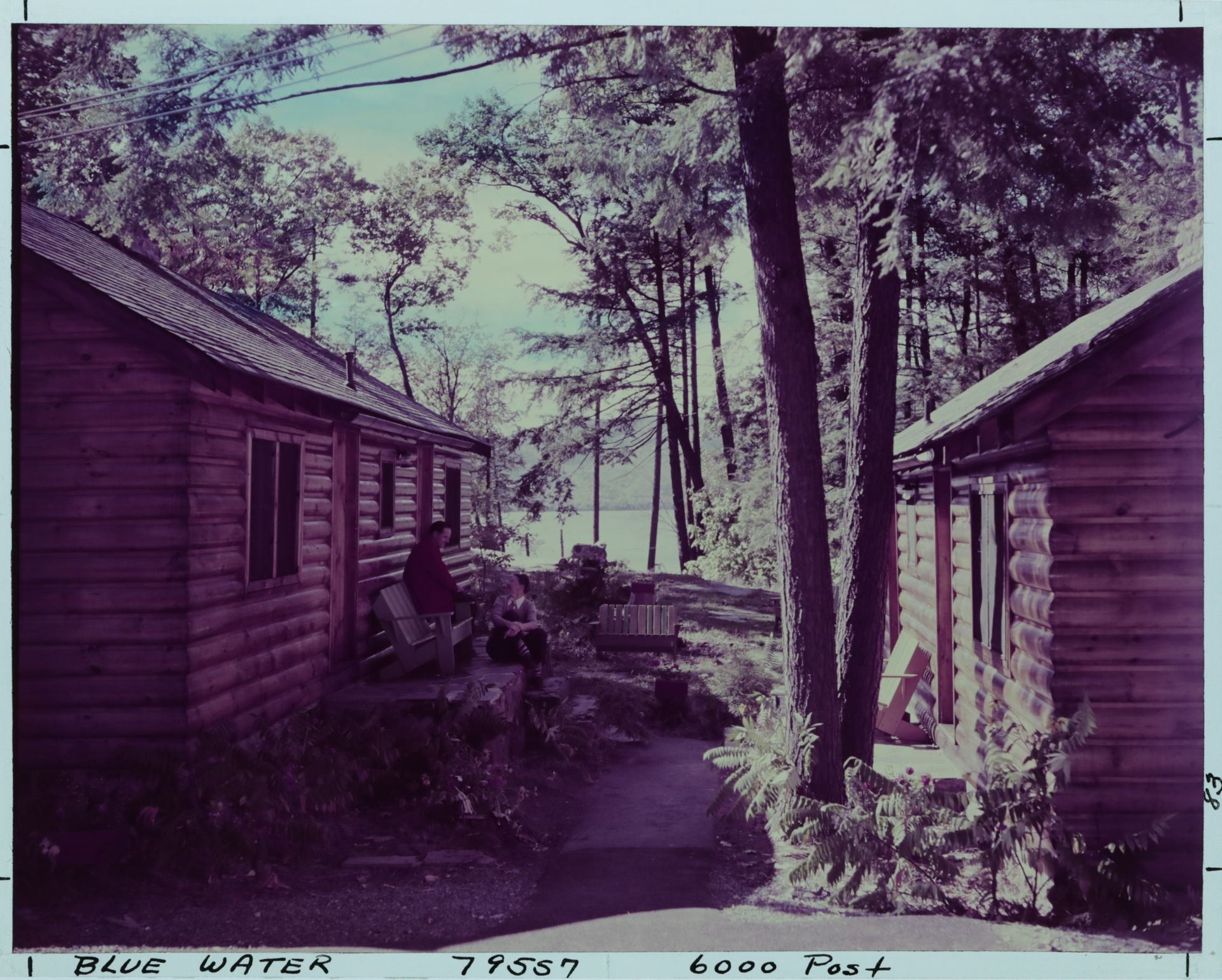 A purple photo of a log cabin with a lake in the background