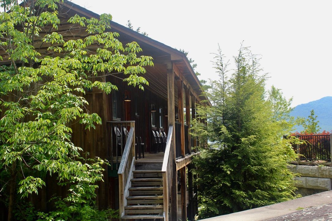 A wooden house with a porch and stairs is surrounded by trees.