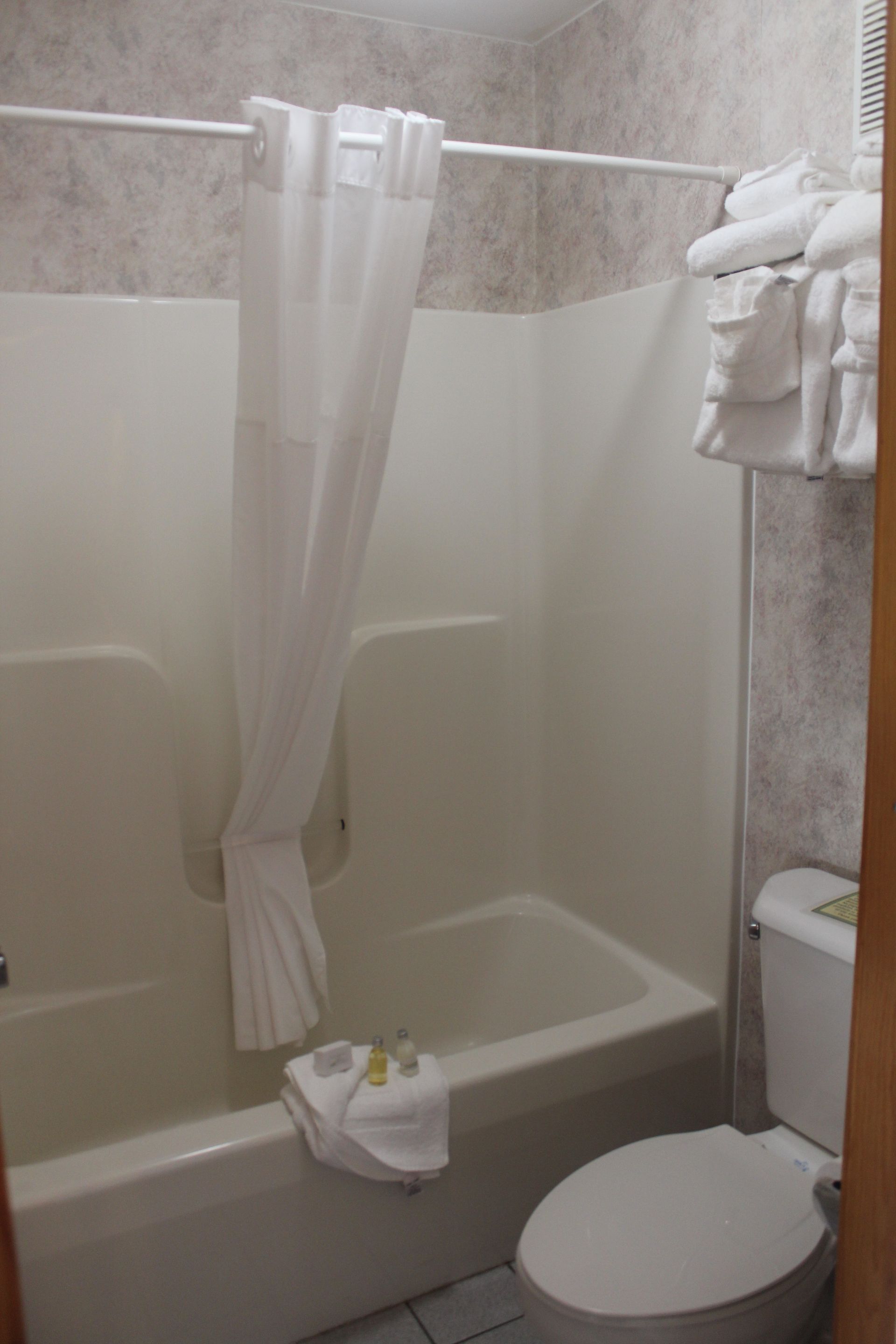 A bathroom with a toilet , bathtub and shower curtain.