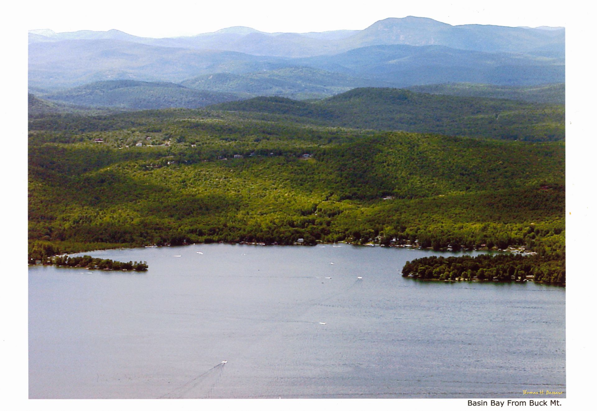 An aerial view of Basin Bay in Lake George, where Blue Water Manor resides