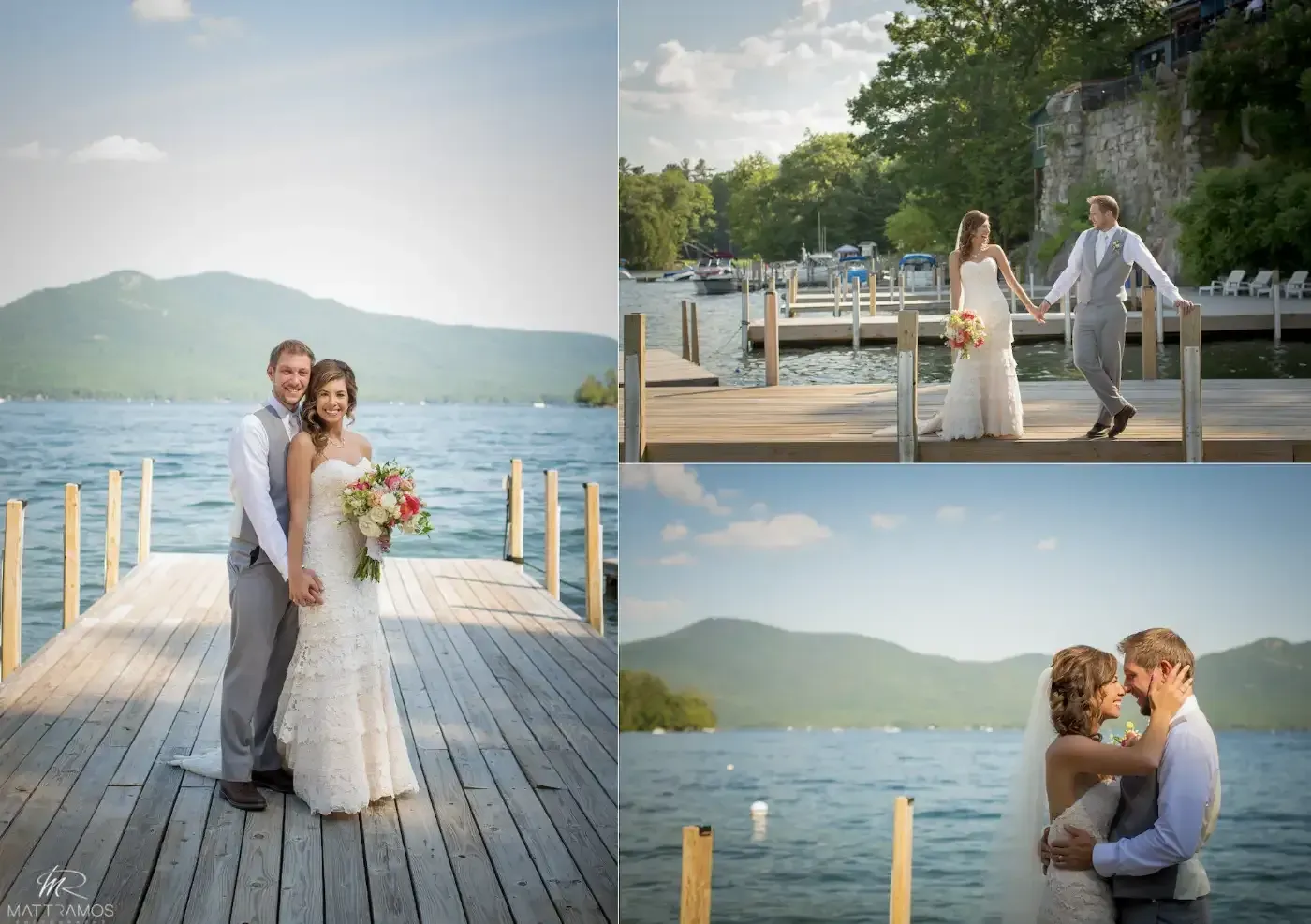 A bride and groom are posing for a picture on a dock overlooking a lake.