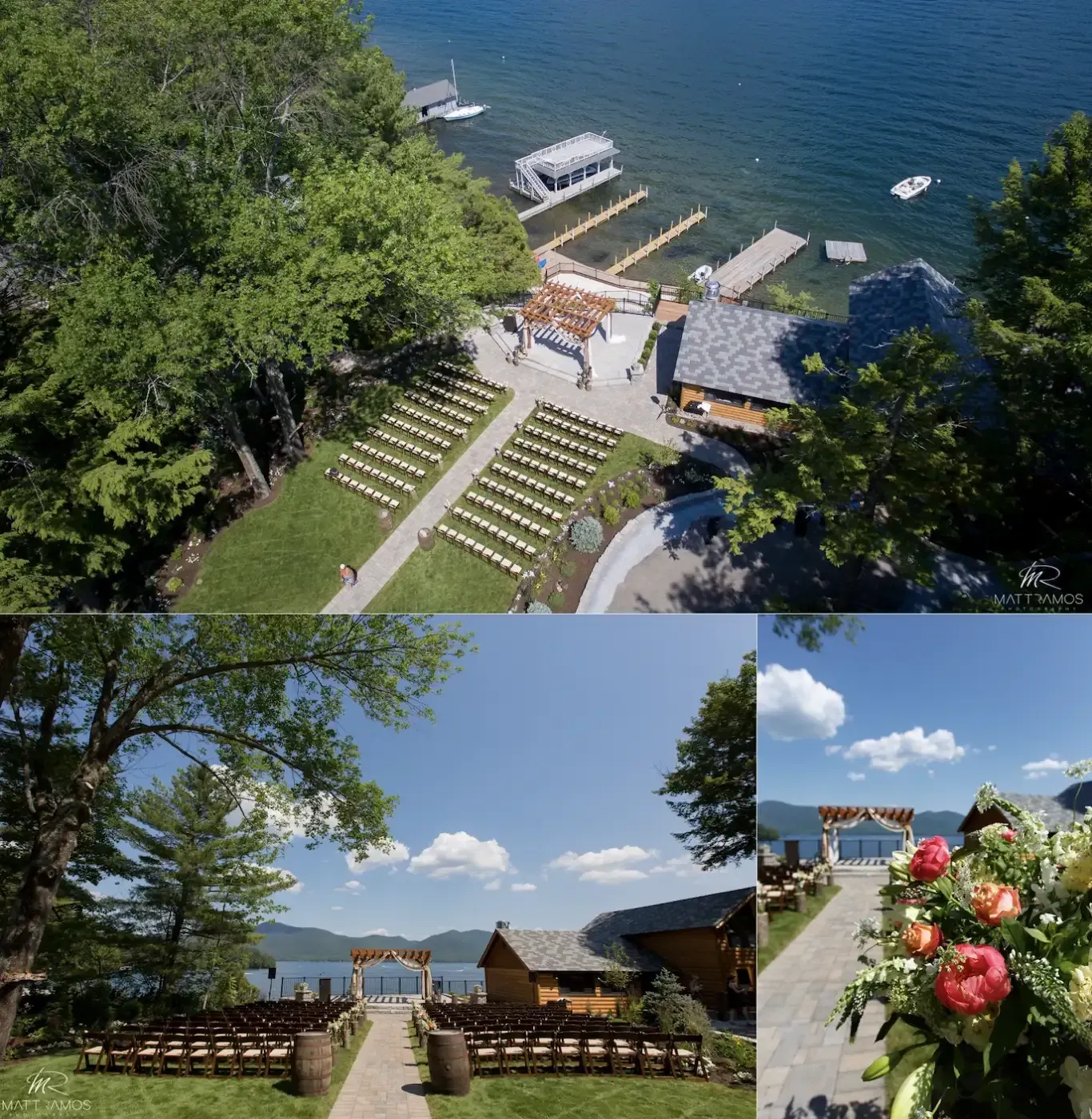 A collage of photos shows a wedding ceremony on a lake