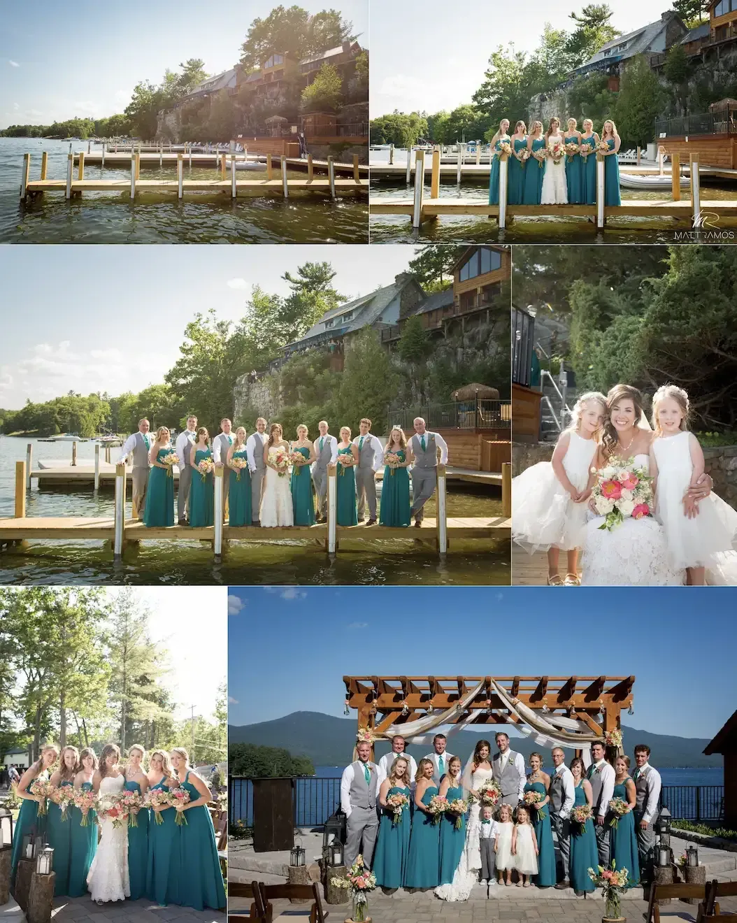 A bride and groom pose with their wedding party on a dock