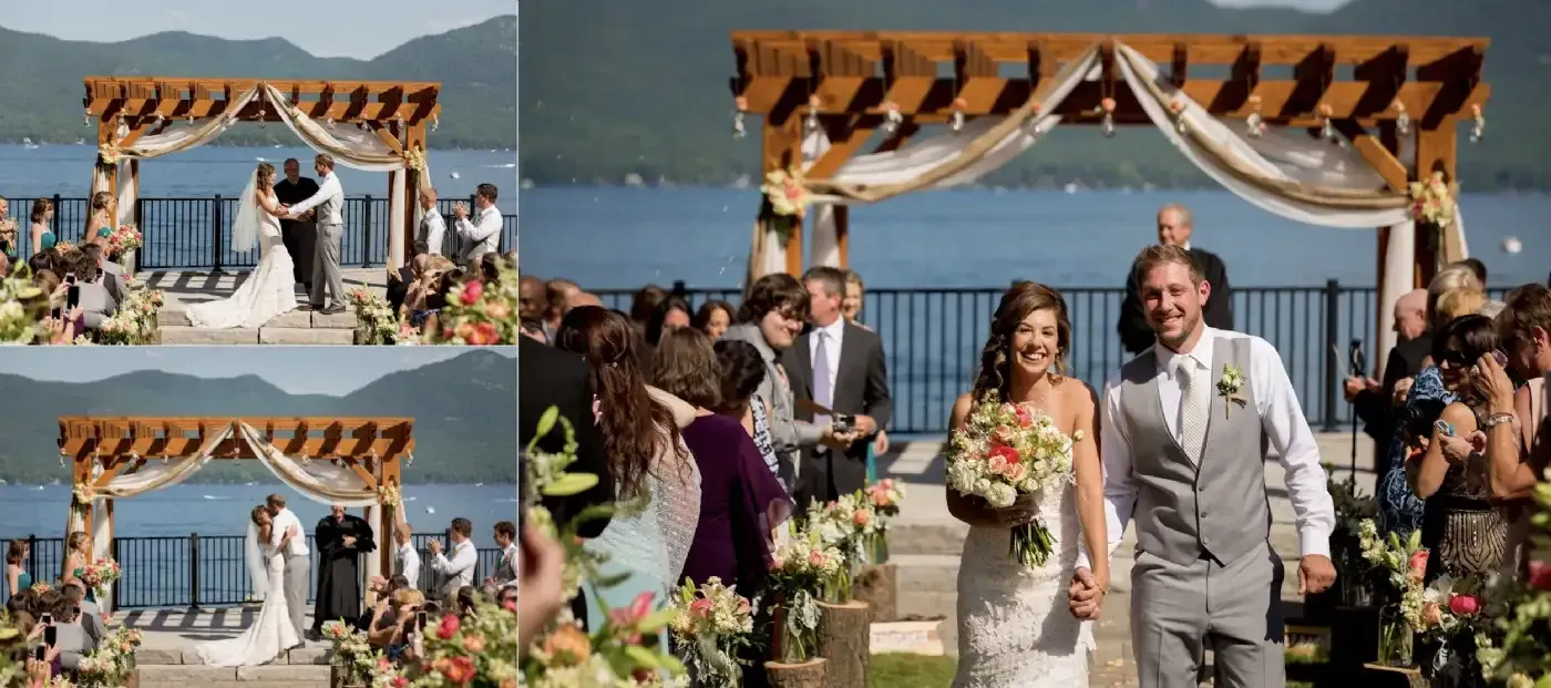 A bride and groom are walking down the aisle at their wedding ceremony.