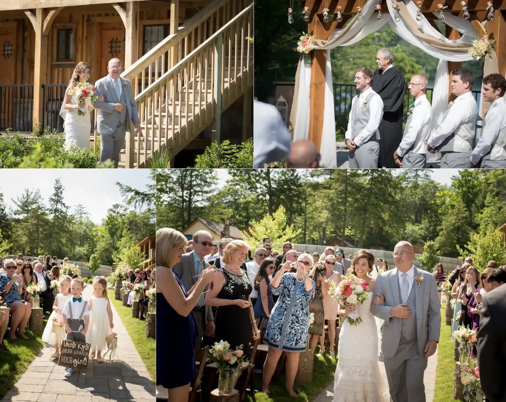 A bride and groom are walking down the aisle at their wedding
