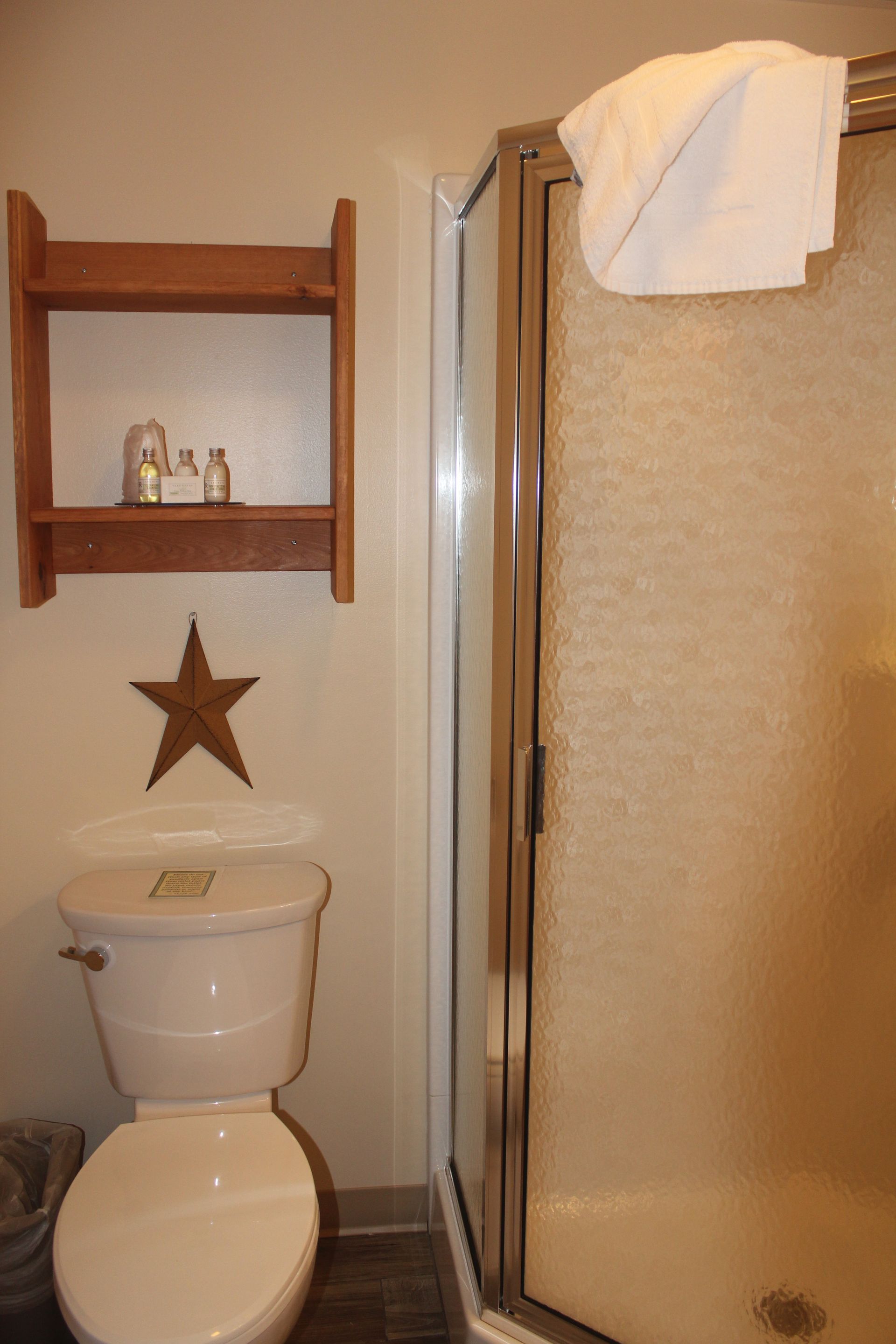 A bathroom with a toilet and shower with a star on the wall.