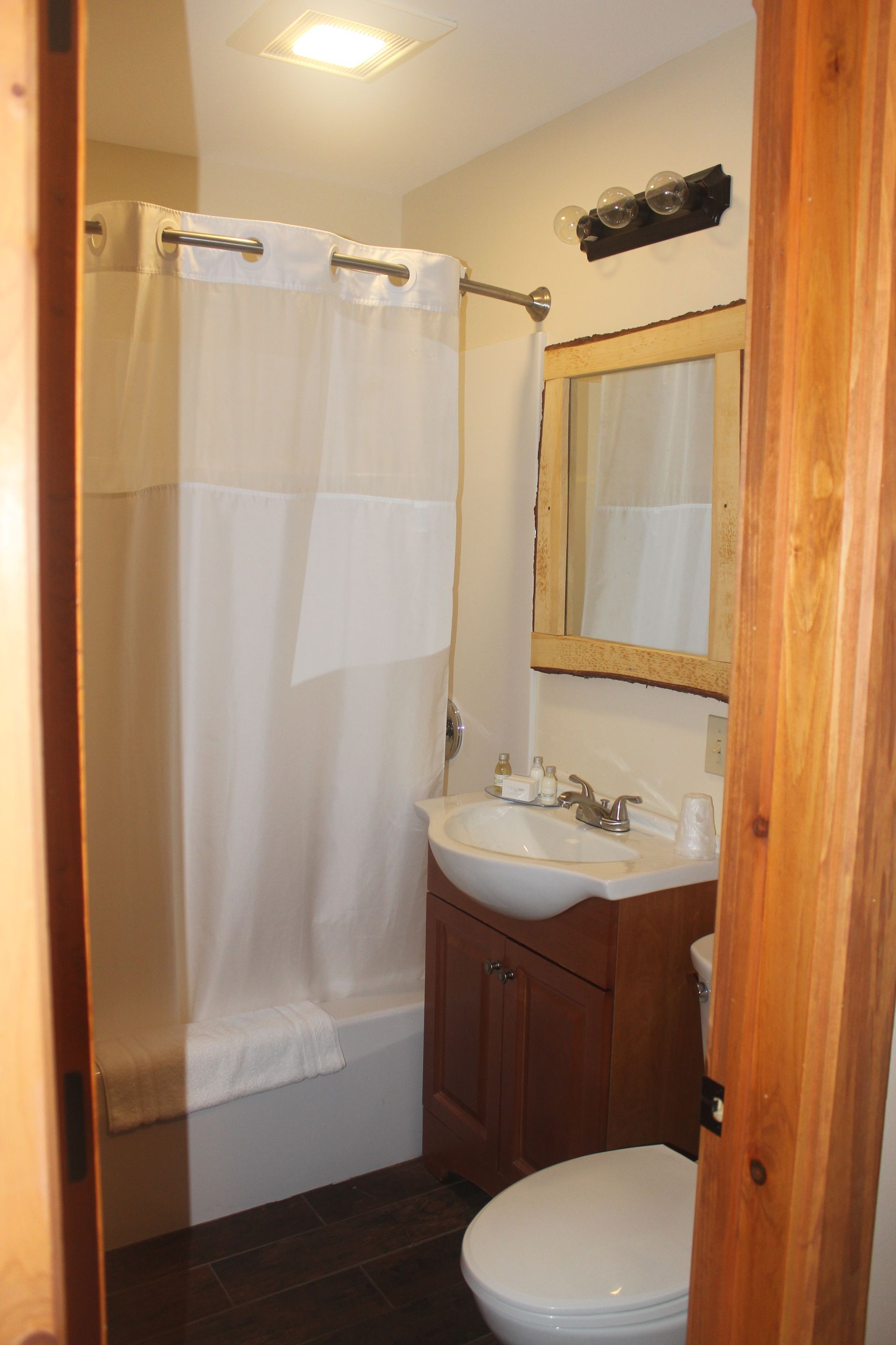 A bathroom with a sink , toilet , shower and mirror