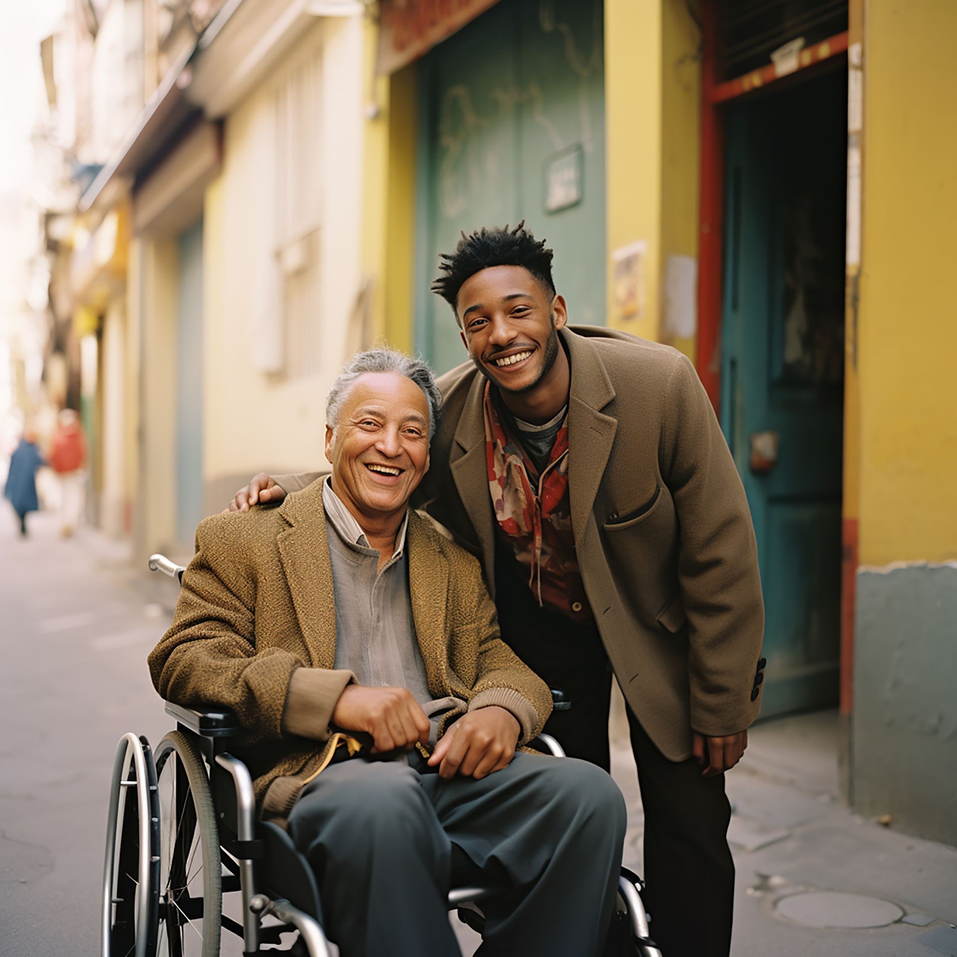 A man in a wheelchair is standing next to another man