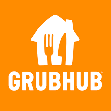 Grubhub logo: white house shape with fork and knife, on orange background. 