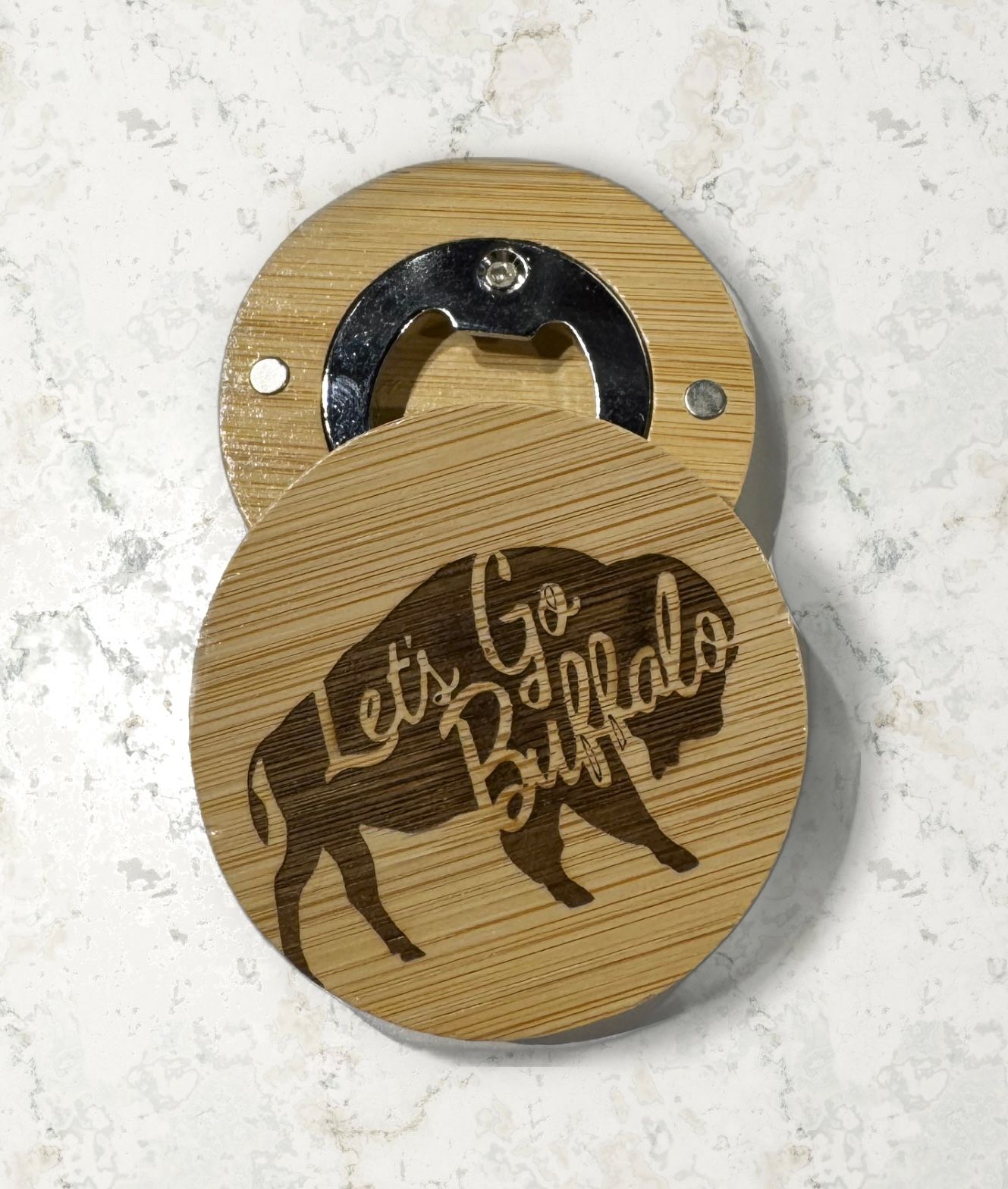 Wooden bottle opener with engraved buffalo and 